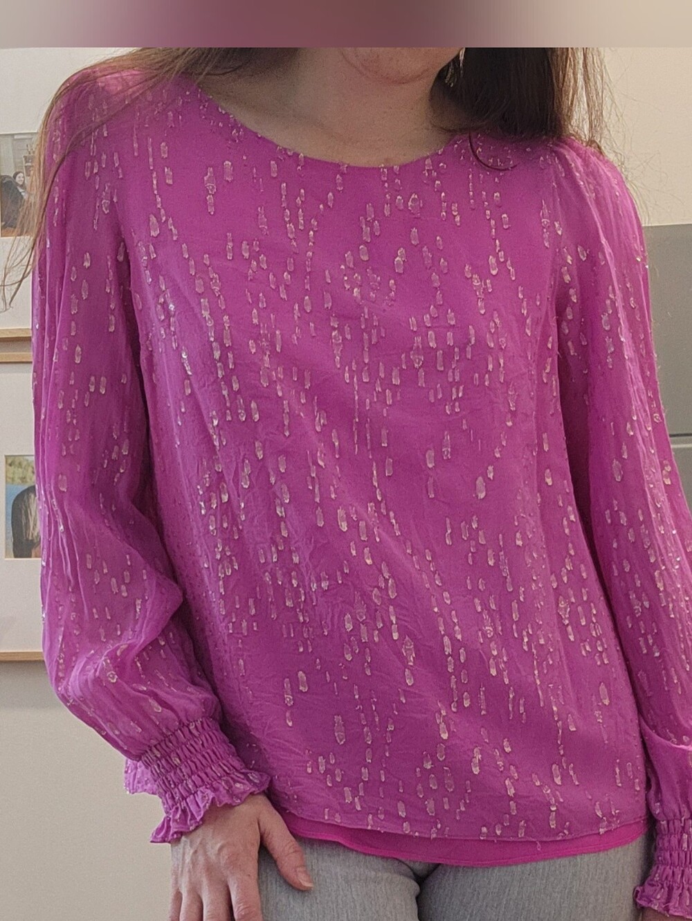 Silk Lilly Pulitzer Idina Bright Fuchsia Blouse with Gold Metallic Accent